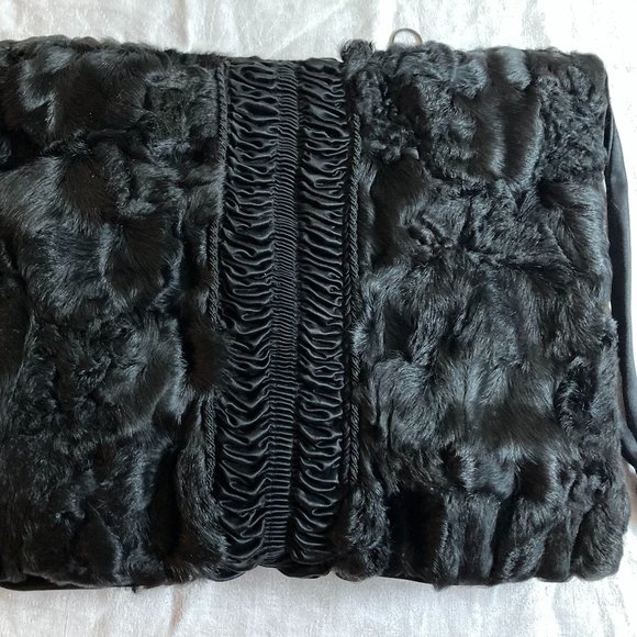 Vintage Black Fur Satin Hand Warmer Muff Bag Clutch Wristlet, Zip Pocket MINT - Picture 1 of 16